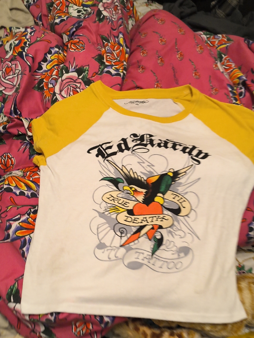 Ed Hardy White Tee with Yellow Sleeve NWOT Women's Size XL